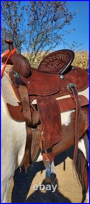 Alamo Brown Tooled Leather Western Horse Saddle with Turquoise Conchos