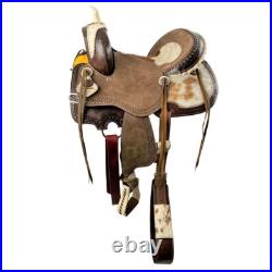 BARREL SADDLE Dark Oil Hard Seat with Hair on Cowhide Accents 14 15 16