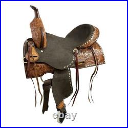 BARREL SADDLE Rough Out Seat Floral Tooled Leather White Buckstitch FQHB