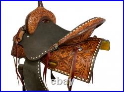 BARREL SADDLE Rough Out Seat Floral Tooled Leather White Buckstitch FQHB