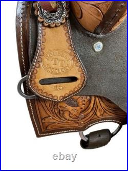 BARREL SADDLE Rough Out Seat Floral Tooled Leather White Buckstitch FQHB
