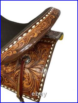 BARREL SADDLE Rough Out Seat Floral Tooled Leather White Buckstitch FQHB