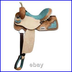 BARREL SADDLE Teal Filigree Print Seat Light Leather Copper Conchos FQHB