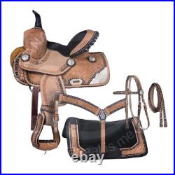 Barrel Racing Horse Saddle Western Riding Saddle Leather Tooled Carved 12-18 in