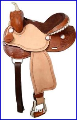 Barrel Saddle with Basketweave Tooling Silver Laced Rawhide Cantle 15 16 NEW