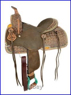 Barrel Saddle with Teal Micro Flower Tooling & Buck Stitch Full QH Bars 14 NEW