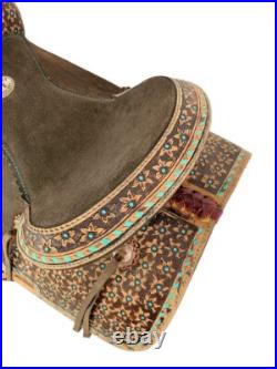 Barrel Saddle with Teal Micro Flower Tooling & Buck Stitch Full QH Bars 14 NEW