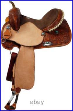 Barrel Style Saddle with Turquoise Stone Conchos Floral Tooling 14 15 16 NEW