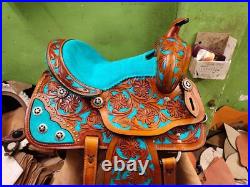 Best Quality Turquoise Color Barrel Leather Saddle With Free Matching Set & Ship