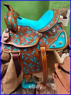Best Quality Turquoise Color Barrel Leather Saddle With Free Matching Set & Ship