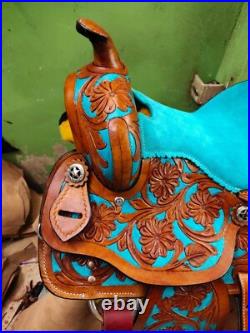 Best Quality Turquoise Color Barrel Leather Saddle With Free Matching Set & Ship