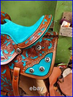 Best Quality Turquoise Color Barrel Leather Saddle With Free Matching Set & Ship