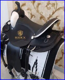 Black Barrel Racing Western Trail Horse Saddle Premium Leather With Tack Set F/S