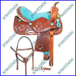 Blue Floral Tooled Western Leather Horse Saddle Tack Set Headstall 10-18 F/s