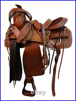 Brown Leather Western Roping Horse Saddle Pleasure Tooled Tack Set 15 16 17 18