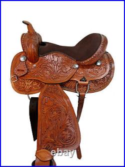 Brown Seat Western Floral Carved Pleasure Trail Barrel Horse Saddle Custom Tack