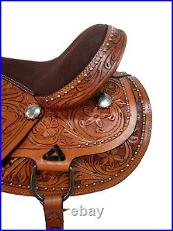 Brown Seat Western Floral Carved Pleasure Trail Barrel Horse Saddle Custom Tack
