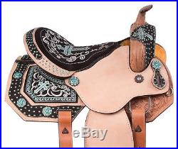 Carved Turquoise Leather Western Show Horse Saddle Silver Tack Set 14 15 16