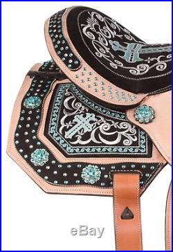 Carved Turquoise Leather Western Show Horse Saddle Silver Tack Set 14 15 16