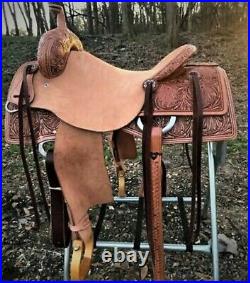 Christmas Gift Western Natural Leather Hand Carved Roper Ranch Saddle With Suede