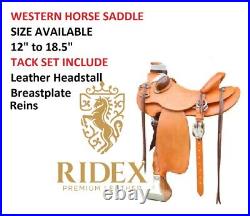 Classic Smooth Brown Leather Wade Tree Barrel Saddle Set 12-18.5 For Horse