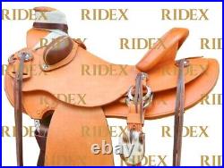 Classic Smooth Brown Leather Wade Tree Barrel Saddle Set 12-18.5 For Horse