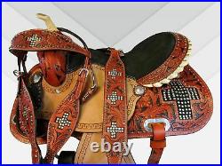 Comfy Trail Saddle Western Horse Tooled Leather Cross Gemstone Tack Set 15 16