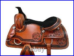 Cowboy Roping Saddle Western Horse Pleasure Tooled Leather Tack Set 15 16 17 18
