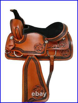 Cowboy Roping Saddle Western Horse Pleasure Tooled Leather Tack Set 15 16 17 18