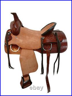 Cowboy Roping Saddle Western Horse Pleasure Trail Tooled Leather Set 15 16 17 18