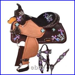 Cowgirl Charm Youth Barrel Style Saddle SET Painted Crosses & Horseshoes 12 NEW