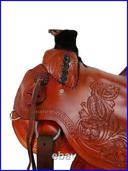 Deep Seat Roping Saddle Western Ranch Horse Tooled Leather Tack Set 15 16 17 18