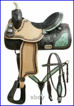 Double T BARREL SADDLE Bridle Breastcollar Reins SET with Teal Filigree Inlay