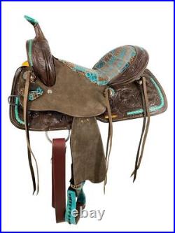 Double T Barrel style horse saddle with teal gator patchwork pattern 15