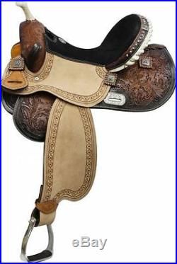 Double T Black Suede Seat FLoral Tooled BARREL SADDLE with Barrel Racer Conchos