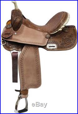 Double T Brown Filigree Seat BARREL Saddle with Floral & Basket Weave Tooling