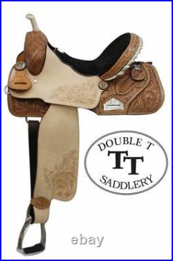 Double T Western BARREL SADDLE Floral Tooled Leather & Embossed Suede Seat FQHB
