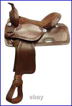 Economy style saddle with smooth finish and barbed wire tooled border. 16