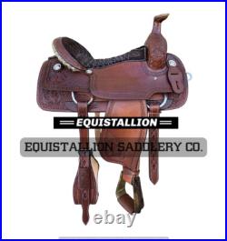 Equistallion Western Brown Leather Hand carved Roper Ranch Saddle padded seat