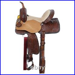Feathered Buckskin Barrel Style Saddle with Feather Tooling Full QH Bars 15 NEW