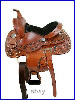 Floral Tooled Carved Black Studded Tack Youth Pony Western Leather Horse Saddle