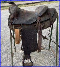 Floral Tooled Vintage Horse Saddle, 14 Seat, Conchos, Western Ranch Decor