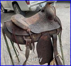 Floral Tooled Vintage Horse Saddle, 14 Seat, Conchos, Western Ranch Decor