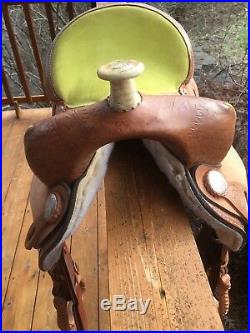H&H Saddlery Green and Brown 15 Western Barrel Saddle, 7 gullet Barely used
