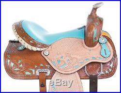 Hand Carved Blue Western Leather Quarter Horse Saddle Trail Used 17