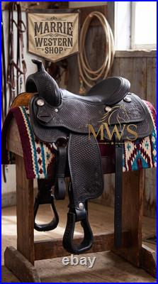 Handcrafted Black Leather Western Saddle Floral Basketweave Hand Tooled Trail