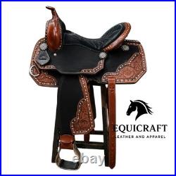 Handmade Western Leather Saddle Black Brown Tooled Silver Stud Trail Saddle
