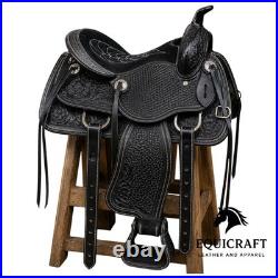 Handmade Western Leather Saddle Black Floral Tooled Basketweave Trail Saddle