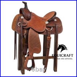 Handmade Western Leather Saddle Brown Basketweave Floral Tooled Ranch Saddle
