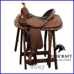 Handmade Western Leather Saddle Brown Floral Tooled Black Seat Trail Saddle